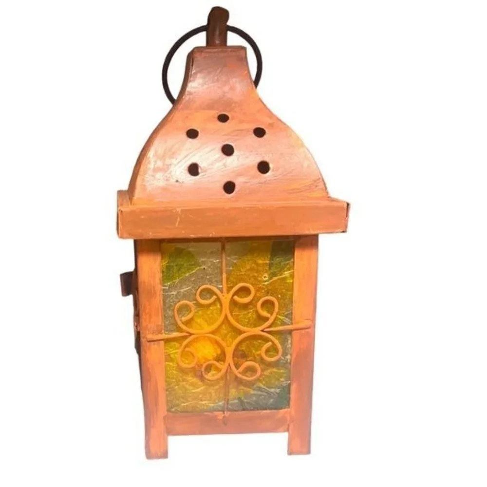 Decoupaged and Hand-Painted Candle Metal Lantern Candle Holder For Fall Decor